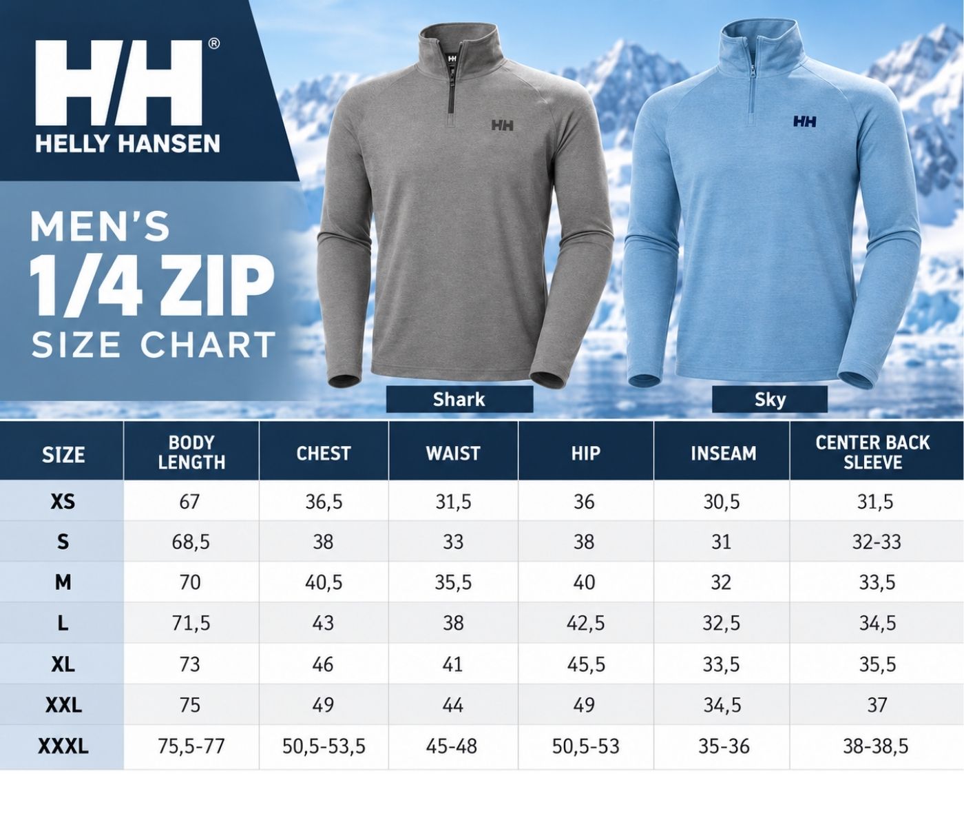 Sueded 1/4 Zip Size Chart Sueded 1/4 Zip Size Chart